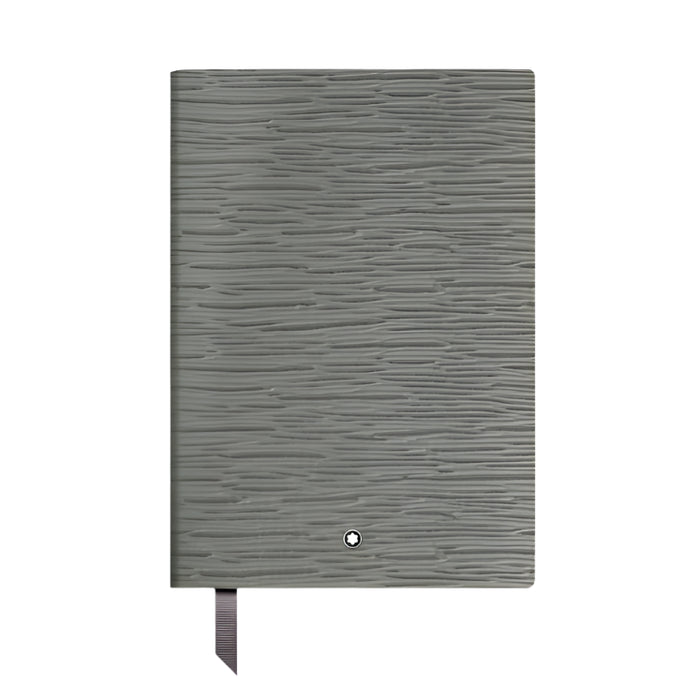 Gray textured notebook with a brand logo on a white background