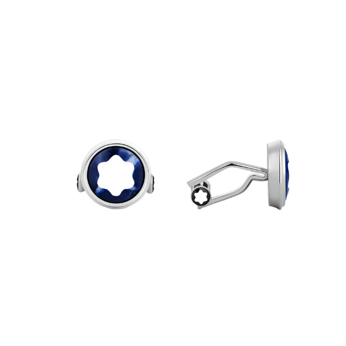 Silver cufflinks with blue stone on a white background