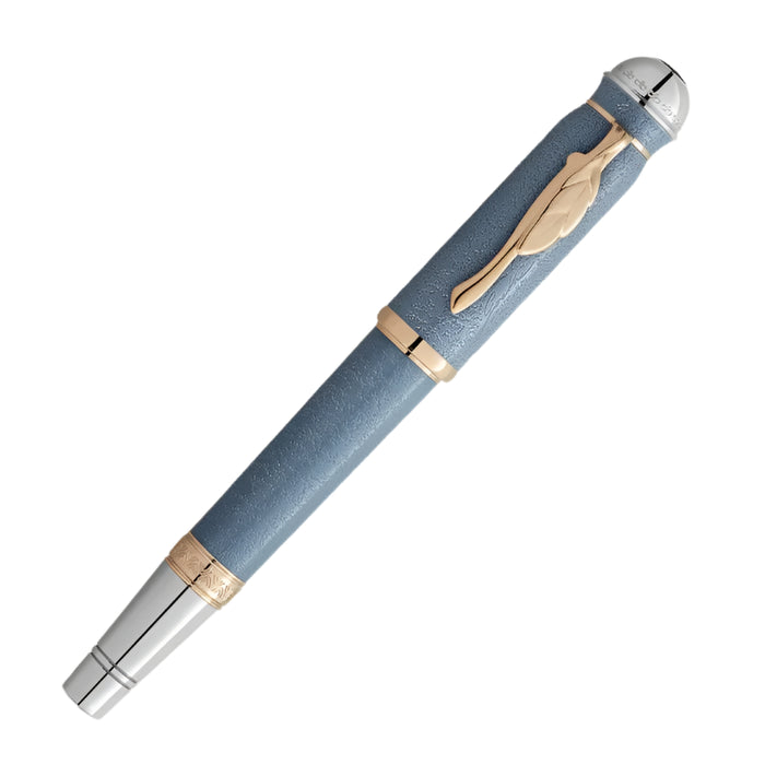 Montblanc Goethe Pen with blue body, gold accents, and silver cap on a light gray background