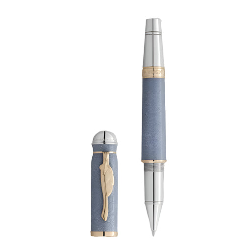 Montblanc Goethe Blue pen with silver and gold accents on a white background