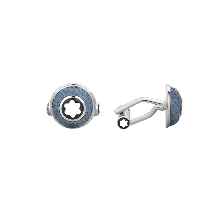 Cufflinks with blue and silver design on a white background