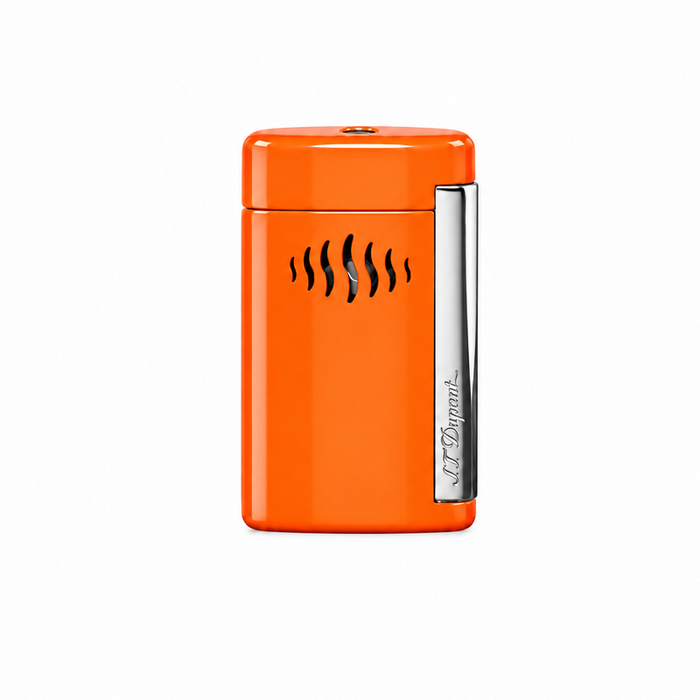 S. T. Dupont Minijet Lighter in orange lacquer, featuring a compact and ergonomic shape and a chrome side-ignition bar with the brand logo on it, perfect for cigar smoking. Model 010509
