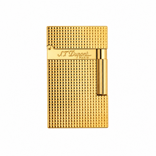 The front view of an S. T. Dupont Ligne 2 pocket cigar lighter in a yellow gold-plated finish diamond-head guilloche pattern. Model 016284. A luxury soft-flame lighter for cigar smoking.