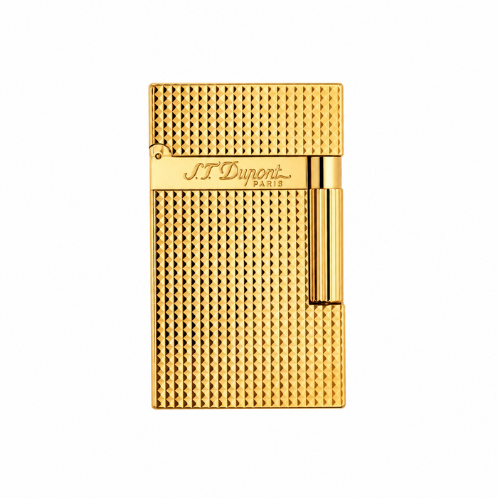 The front view of an S. T. Dupont Ligne 2 pocket cigar lighter in a yellow gold-plated finish diamond-head guilloche pattern. Model 016284. A luxury soft-flame lighter for cigar smoking.