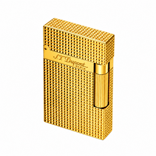 S. T. Dupont Ligne 2 pocket cigar lighter in a yellow gold-plated finish diamond-head guilloche pattern. Model 016284. A luxury  soft-flame lighter for cigar smoking.