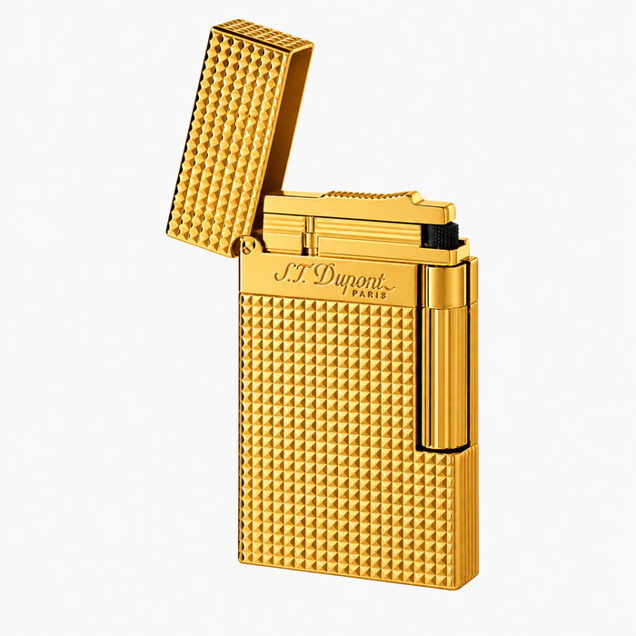 S. T. Dupont Ligne 2 pocket cigar lighter in a yellow gold-plated finish diamond-head guilloche pattern. Model 016284. A  luxury soft-flame lighter for cigar smoking.