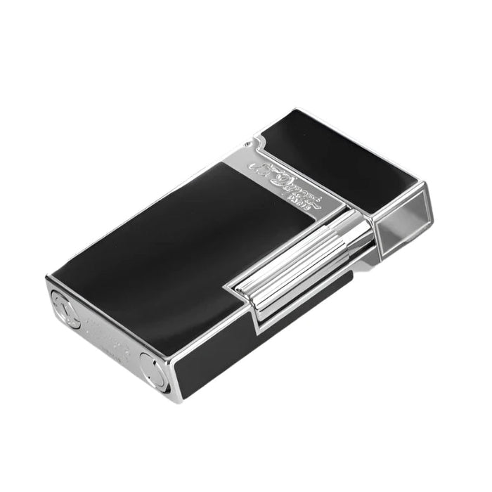 S. T. Dupont Ligne 2 luxury lighter in natural black lacquer with palladium accents with the brand logo engraved on the front, perfect for cigar smoking. Model 016296