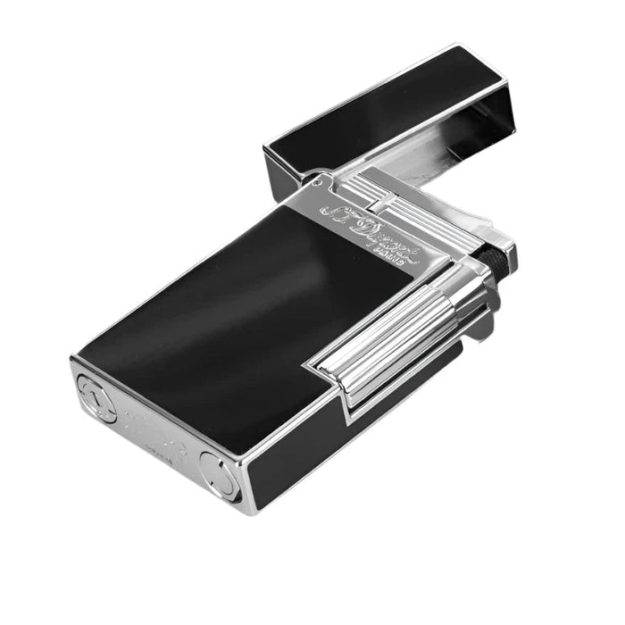 S. T. Dupont Ligne 2 luxury lighter in natural black lacquer with palladium accents with the brand logo engraved on the front, perfect for cigar smoking. Model 016296