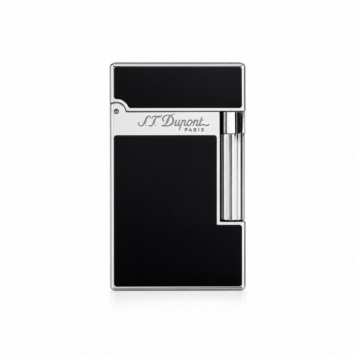 The front of an S. T. Dupont Ligne 2 luxury lighter in natural black lacquer with palladium accents with the brand logo engraved on the front, perfect for cigar smoking. Model 016296