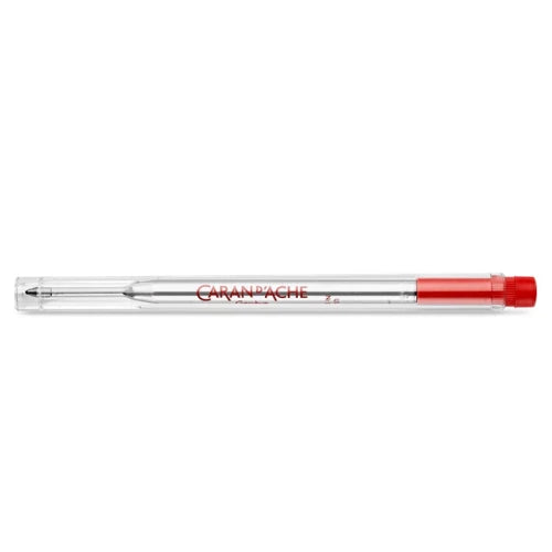 A Caran d'Ache red ballpoint pen refill in a clear plastic tube with corresponding coloured red cap,