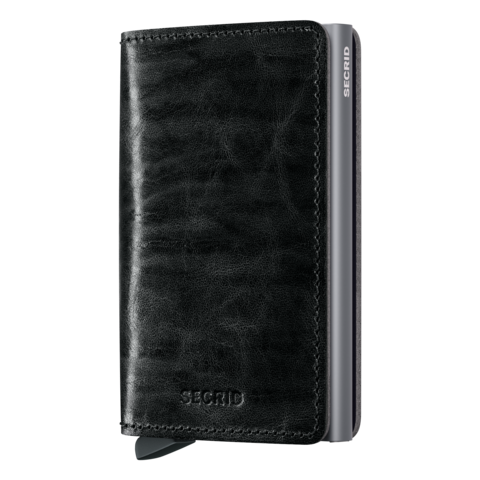 A black Secrid Slim Wallet made of Dutch Martin leather, displayed in a vertical position.