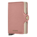 A pink leather Secrid Twin Wallet with a metallic clasp, embossed with the brand's logo.