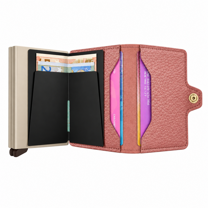 An open slim wallet in textured pink pebble leather with two card slots, showing two extra card pockets and money holder.
