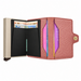 An open slim wallet in textured pink pebble leather with two card slots, showing two extra card pockets and money holder.