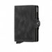A black Secrid Twin Wallet made of vintage leather with two metal card protector and a snap closure.