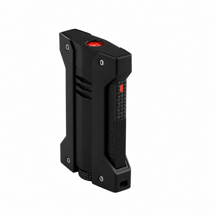A matte black Défi Xtrême S. T. Dupont torch lighter, featuring a high-precision injected metal body with protective shockproof bumpers on  the sides. Model 021400. A unique and modern design for adventurous cigar smoking.