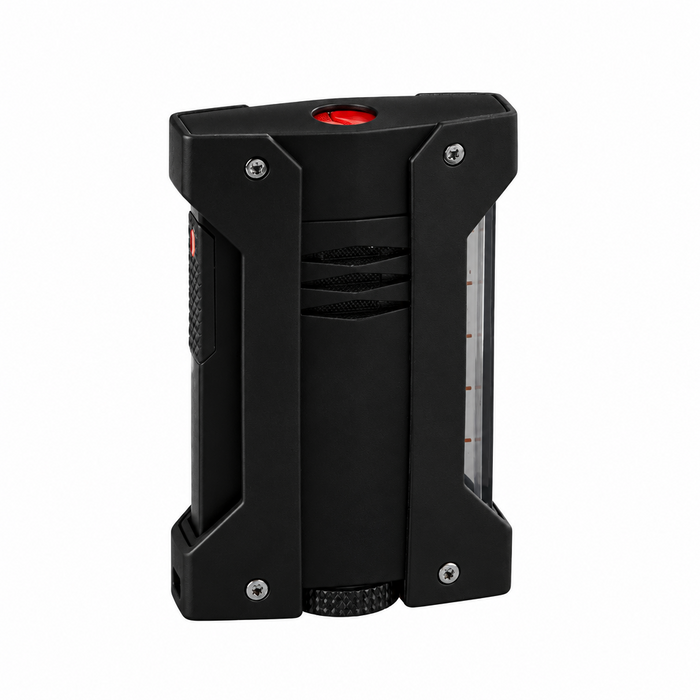 A matte black Défi Xtrême S. T. Dupont torch lighter, featuring a high-precision injected metal body with protective shockproof bumpers on  the sides. Model 021400. A unique and modern design for adventurous cigar smoking.
