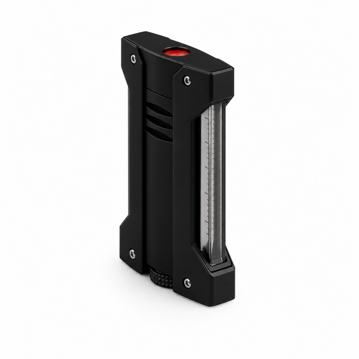 A matte black Défi Xtrême S. T. Dupont torch lighter, featuring a high-precision injected metal body with protective shockproof bumpers on  the sides. Model 021400. A unique and modern design for adventurous cigar smoking.