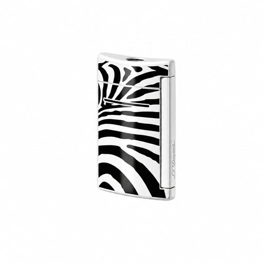 A compact S. T. Dupont Minijet Lighter with a zebra pattern, featuring an ergonomic shape and a side ignition bar with the brand logo on it, perfect for cigar smoking. Model 010072