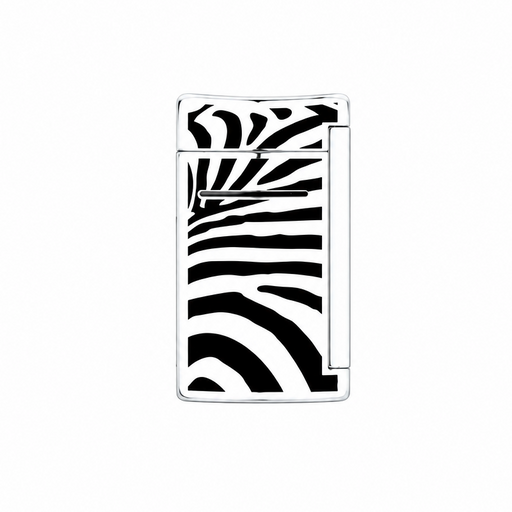 The front of a  compact S. T. Dupont Minijet Lighter with a zebra pattern, featuring an ergonomic shape and a side ignition bar, perfect for cigar smoking. Model 010072