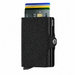 A black textured minimalist cardholder Secrid wallet with a snap-button closure, shown holding several cards. The brand name 'SECRID' is visible on the side.