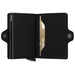 A black textured leather Secrid cardholder wallet shown open, with two slim black metal cardholders, and the brand name 'SECRID' visible on the left side of the wallet. 