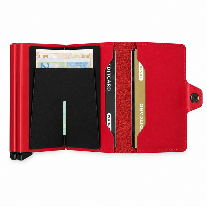 A red minimalist leather Secrid wallet shown open, with its metal card protectors, money holder and card slots holding banknotes and cards.