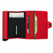 A red minimalist leather Secrid wallet shown open, with its metal card protectors, money holder and card slots holding banknotes and cards.