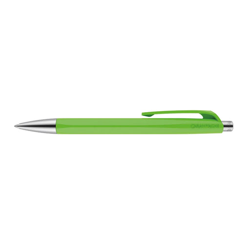 Caran d'Ache 888 Infinite green ballpoint pen featuring an ergonomic hexagonal resin body with metal fittings, flexible clip, and push-button. Ident No. 888.470