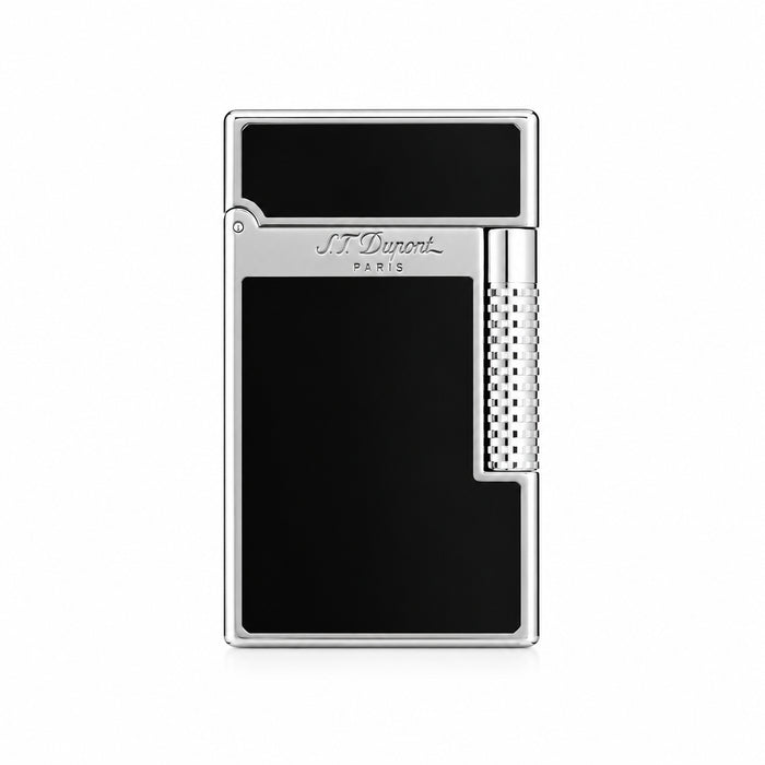 The front of an S. T. Dupont Le Grand luxury lighter in natural black lacquer and palladium-plated accents, perfect for cigar smoking. Model C23010