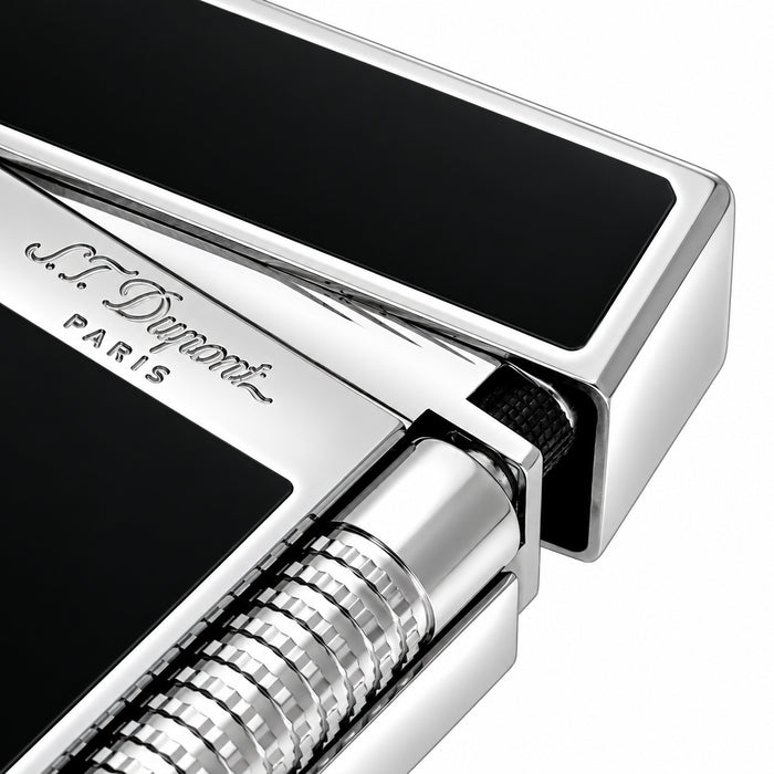 A close-up of an S. T. Dupont Le Grand luxury lighter in natural black lacquer and palladium-plated accents, perfect for cigar smoking. Model C23010