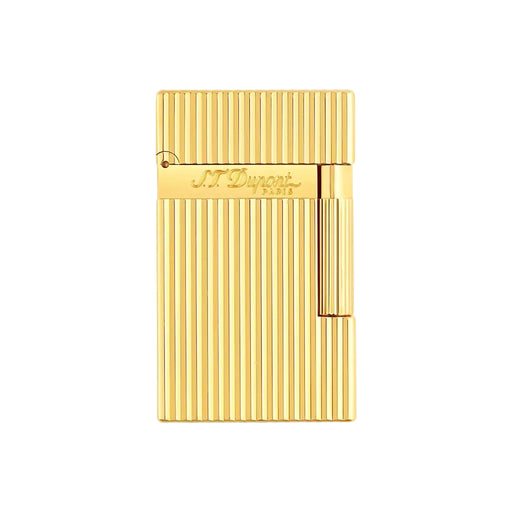 S. T. Dupont luxury Ligne 2 lighter in yellow gold-plated finish with an engraved vertical guilloche-line pattern. Model 016827. A luxury soft-flame lighter, perfect for cigar smoking.