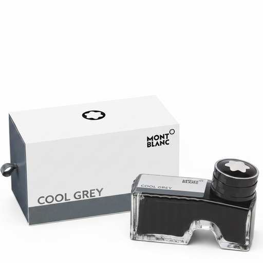 Montblanc Cool Grey ink bottle with its white and grey retail box on a clean white background.