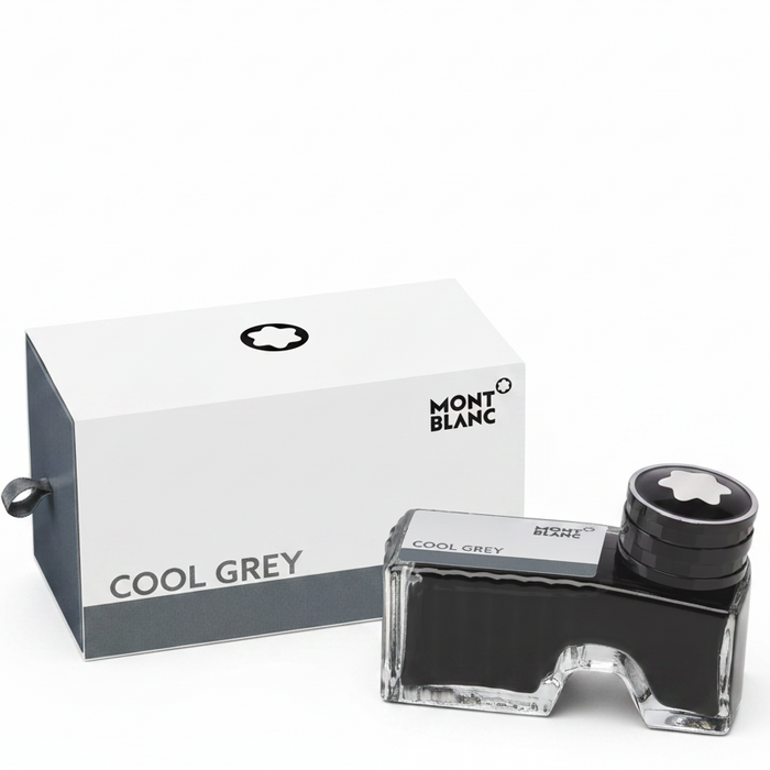 Montblanc Cool Grey ink bottle with its white and grey retail box on a clean white background.