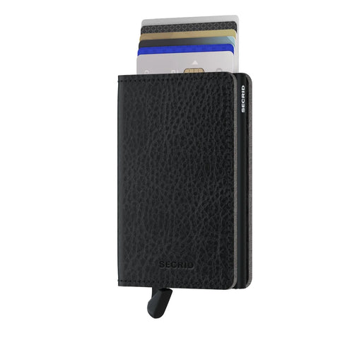 A black vegetable tanned-leather Secrid wallet with a slim credit card protector, featuring the SECRID logo embossed near the bottom and printed vertically on the side, shown on a plain white background.