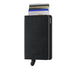 A black vegetable tanned-leather Secrid wallet with a slim credit card protector, featuring the SECRID logo embossed near the bottom and printed vertically on the side, shown on a plain white background.