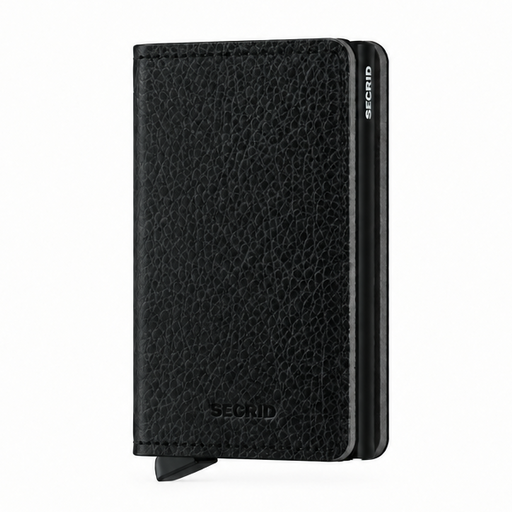 A black vegetable tanned-leather Secrid wallet with a slim credit card protector, featuring the SECRID logo embossed near the bottom and printed vertically on the side, shown on a plain white background.