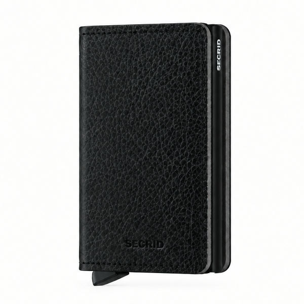 A black vegetable tanned-leather Secrid wallet with a slim credit card protector, featuring the SECRID logo embossed near the bottom and printed vertically on the side, shown on a plain white background.