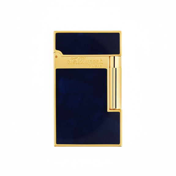 The front of an S. T. Dupont Ligne 2 lighter in dark blue lacquer with gold-plated accents and the brand logo engraved on the front. Model 016134