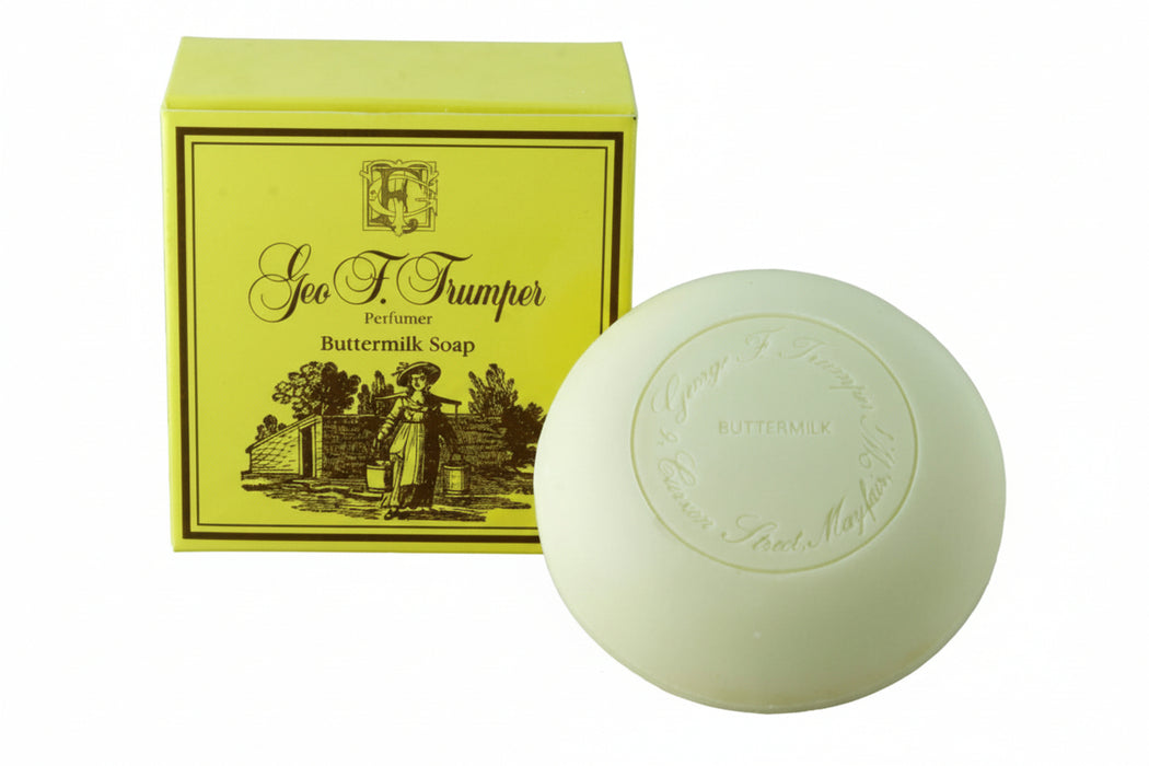 Buttermilk soap bar with yellow packaging featuring 'Geo F. Trumper' branding on a white background.