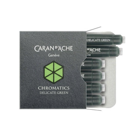 Caran d'Ache Chromatics Ink Cartridges in Delicate green, featuring a box of 6. Ident. No. Caran d'Ache 8021.221