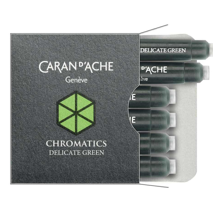 Caran d'Ache Chromatics Ink Cartridges in Delicate green, featuring a box of 6. Ident. No. Caran d'Ache 8021.221