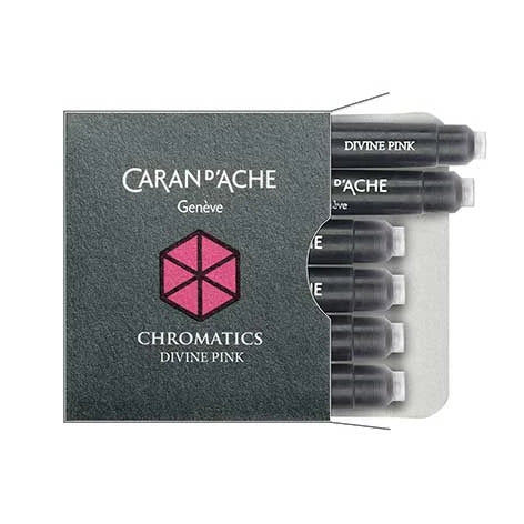 A box of Caran d'Ache Chromatics Divine Pink, partially opened to reveal the ink cartridges. Ident. No. Caran d'Ache 8021.080