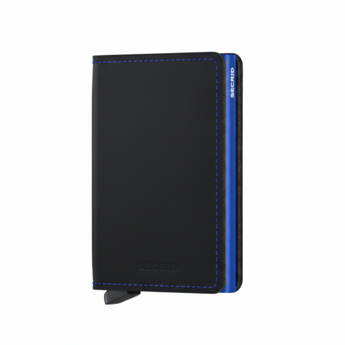 A matte black and blue Secrid slim wallet with a closed cover and a visible brand logo on the side.