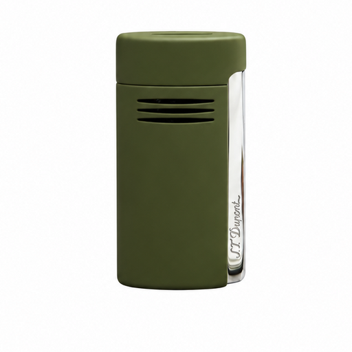 Front view of an S. T. Dupont Megajet Matt khaki lighter, Model 020713, premium windproof  flat flame torch lighter for cigar smoking.