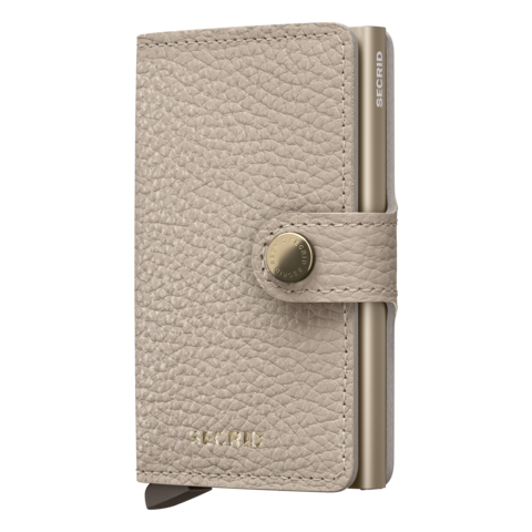 Beige wallet with metallic clasp on a white background