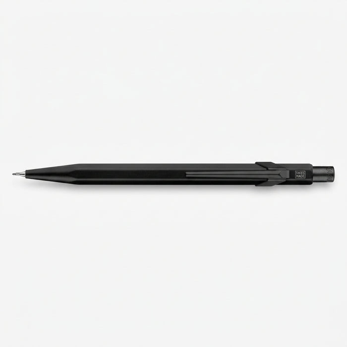Caran d'Ache 844 Black Code Mechanical Pencil with a lightweight, durable hexagonal aluminum barrel  and matching flexible clip, featuring a push mechanism with an integrated eraser. Ident. No. Caran d'Ache 844.496
