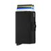 A black leather cardholder Secrid wallet with a sliding card mechanism, shown with several cards partially inserted. The wallet features a snap-button closure, visible stitching, and the brand name 'SECRID' debossed on the lower front.