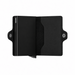 A black leather card holder Secrid wallet shown open, featuring the slim metal card protector on the left with the brand name 'SECRID' printed vertically in white, a card slot on the left side, and snap-button closures.