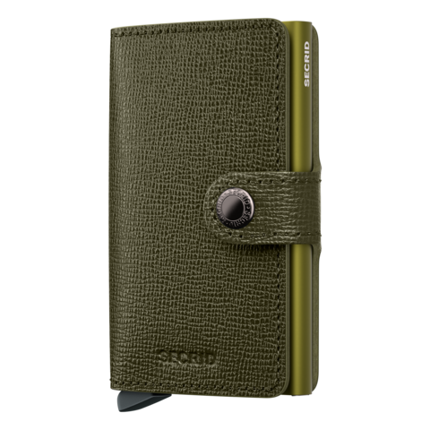 A green Secrid Mini Wallet with a Crisple texture and an aluminum Cardprotector.